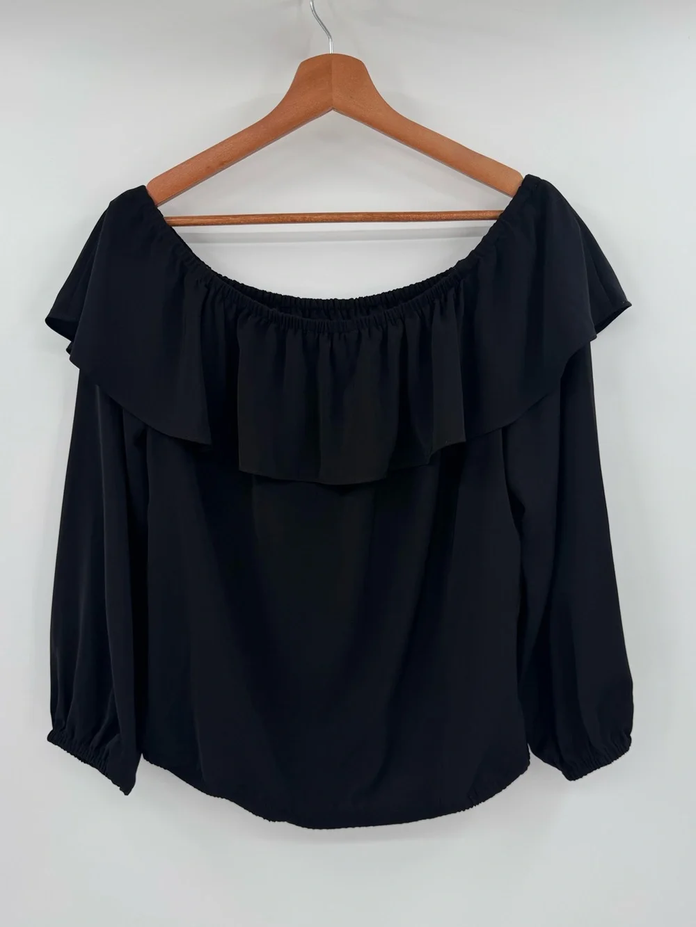 Michael Kors Black Off Shoulder Ruffle Blouse Long Sleeve Elastic Top Size L